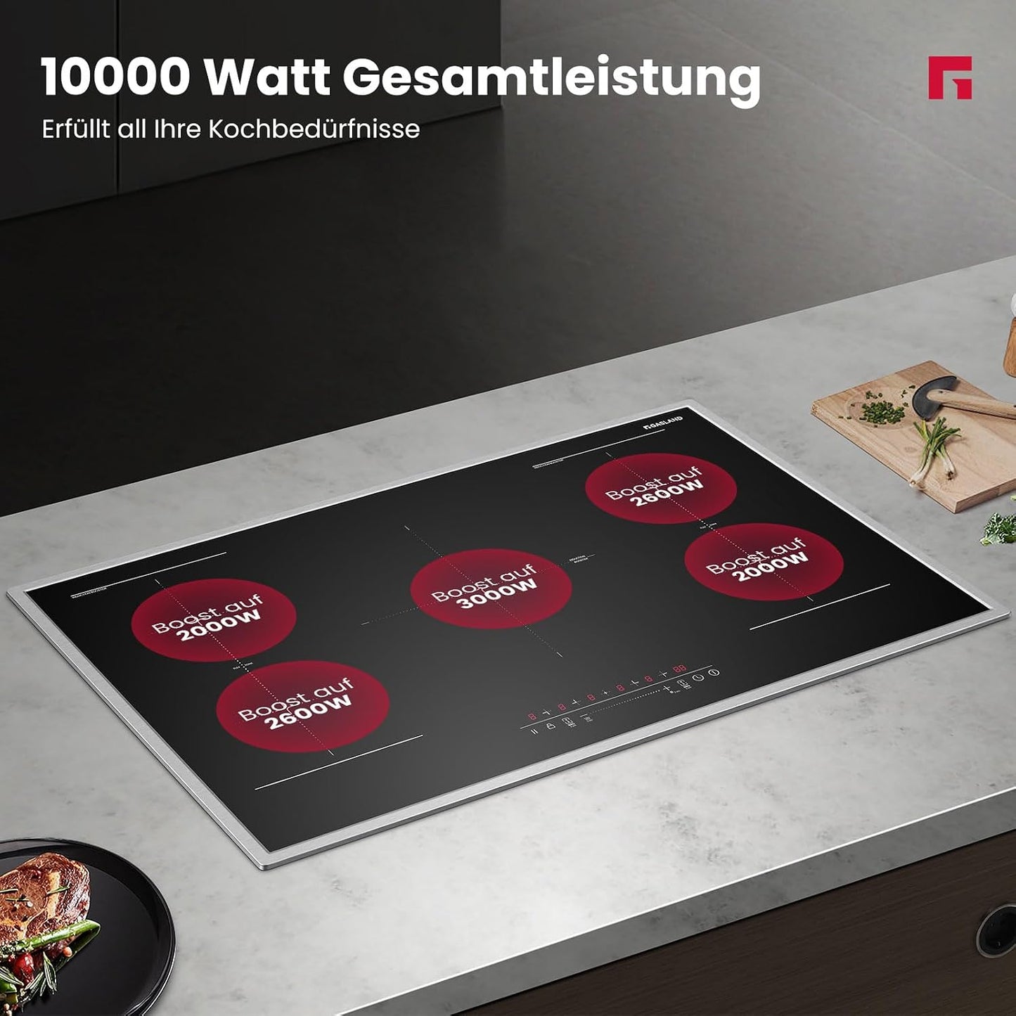 IH905BFB Plaque De Cuisson Induction Encastrable 90 Cm, 5 Foyers Avec Cadre En Inox, Zone Spéciale BBQ, Powerboost, 10000W (Poêle Non Incluse)
