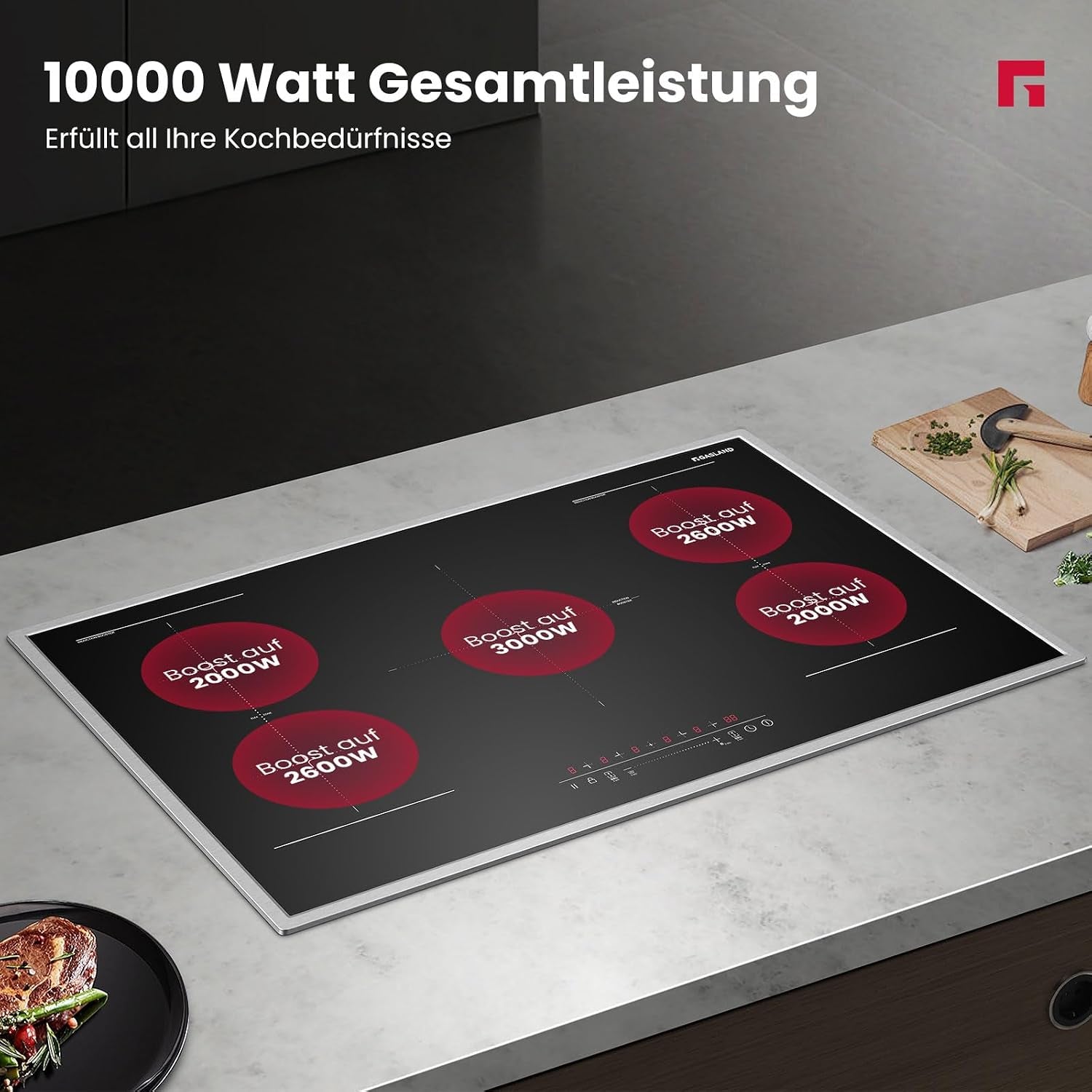 IH905BFB Plaque De Cuisson Induction Encastrable 90 Cm, 5 Foyers Avec Cadre En Inox, Zone Spéciale BBQ, Powerboost, 10000W (Poêle Non Incluse)