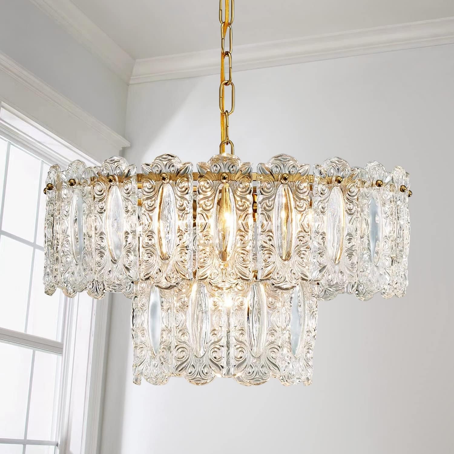 Saint Mossi Lustre En Cristal, Lustre Pendentif Vintage Avec 4 Ampoules, D46Cm X H25Cm, Abat-Jour En Verre À 2 Niveaux Et Finition Laiton
