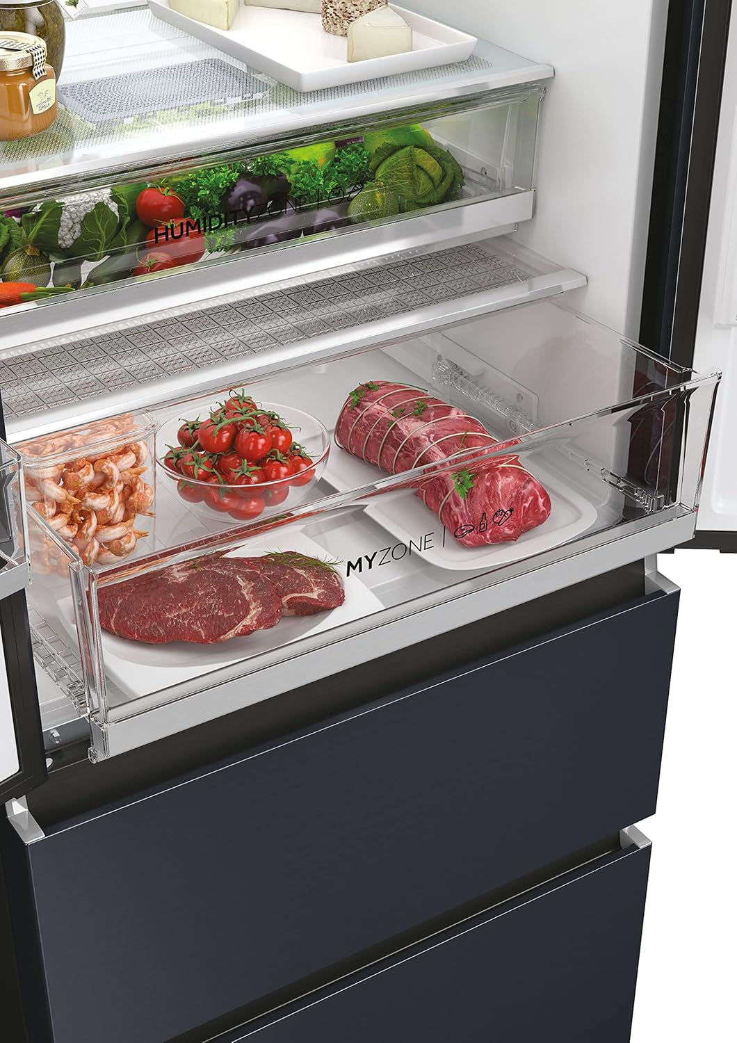 HFW7720ENMB Réfrigérateur Combiné - Pose Libre, 477L, 4 Portes, My Zone Plus, Humidity Zone, Smart Home (Wi-Fi), Noir, Classe E