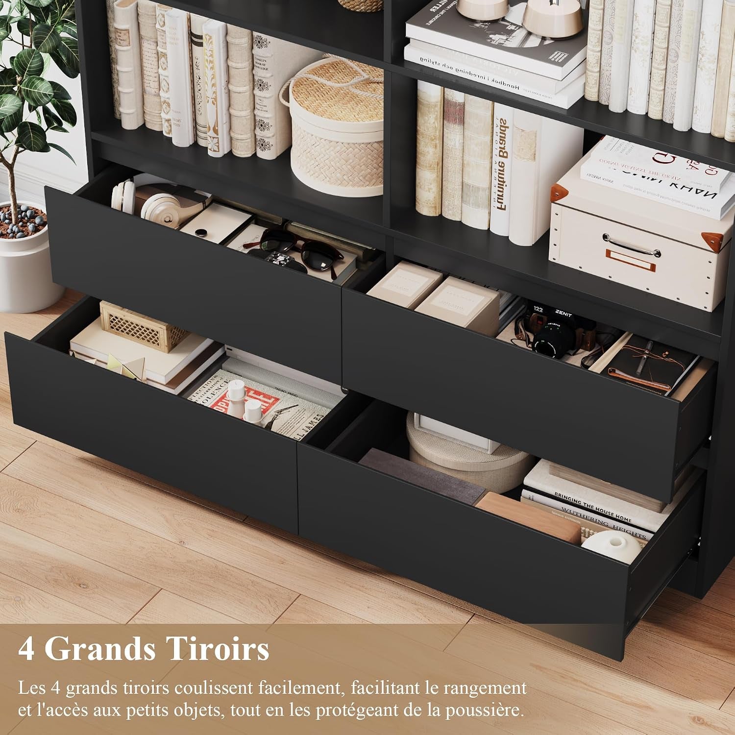 Bibliotheque 120Cm Meuble De Rangement 4 Tiroirs 9 Étagères Noire | 120X30X180 Cm, Base Surélevée, Poignées Encastrées, Grande Bibliothèque Etagere Rangement, Pour Salon Bureau Chambre