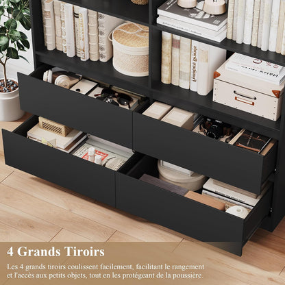Bibliotheque 120Cm Meuble De Rangement 4 Tiroirs 9 Étagères Noire | 120X30X180 Cm, Base Surélevée, Poignées Encastrées, Grande Bibliothèque Etagere Rangement, Pour Salon Bureau Chambre