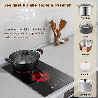 Plaque Vitrocéramique 2 Feux, Plaque De Cuisson Electrique 30Cm, Electrique Plaque Encastrable, Commande Tactile, 3000W 9 Niveaux De Puissance, Minuterie 1-99 Min, Pour Toutes Les Casseroles