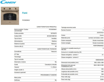 FCC603NAV Four Électrique À Encastrer, Ventilé, Capacité 65 Litres, Multifonction Et Fonction Pizza, 8 Programmes, 56,8 X 59,5 X 59,5 Cm, Style Rustique, Avoine, Classe A+
