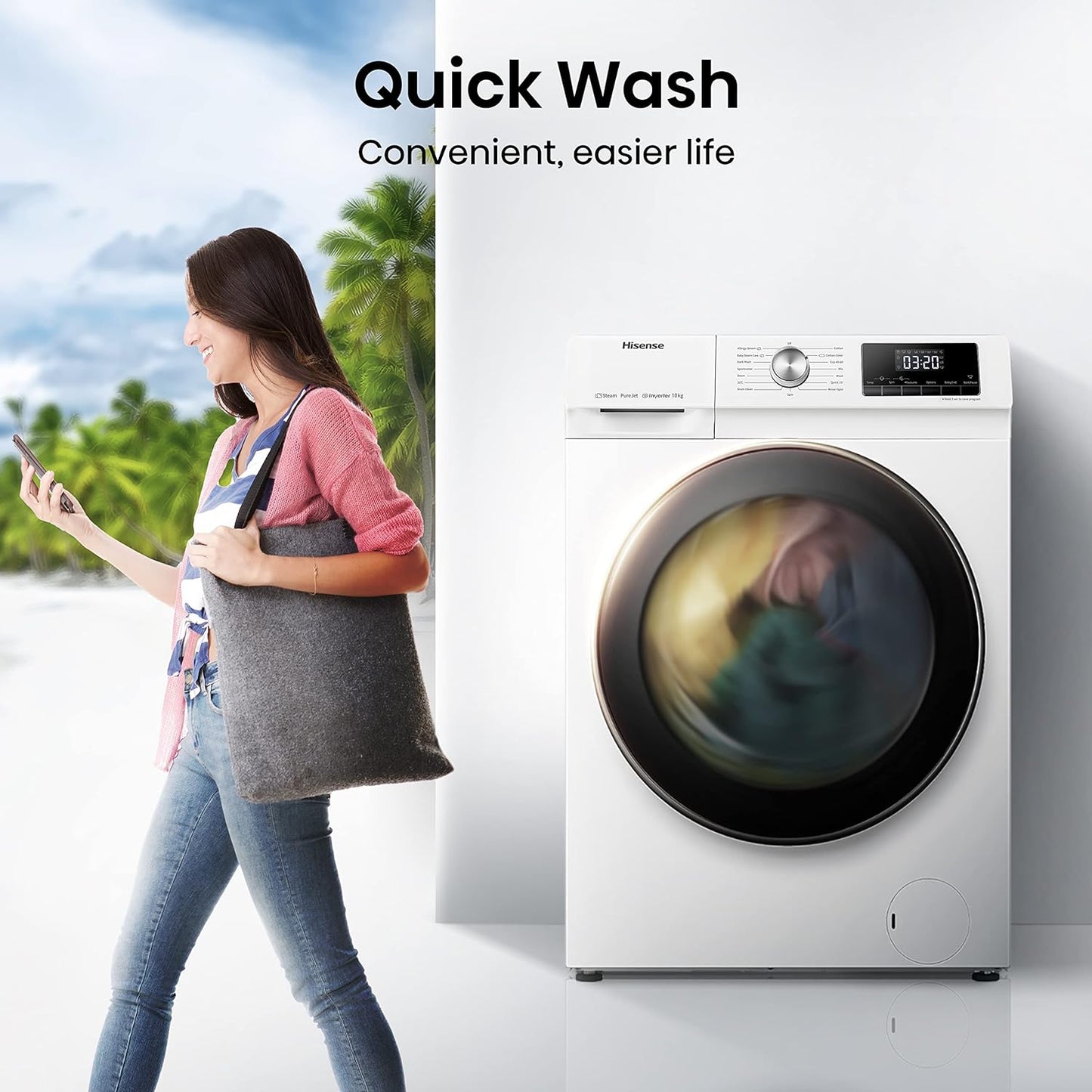 Hisense WFQA1014EVJM Machine À Laver Avec Fonction Vapeur, 10 Kg/Aquastop, 1400 Tr/Min, 15 Programmes, Moteur Inverter Powerdrive, Tambour En Acier Inoxydable, Sécurité Enfant, Nettoyage Du Tambour,