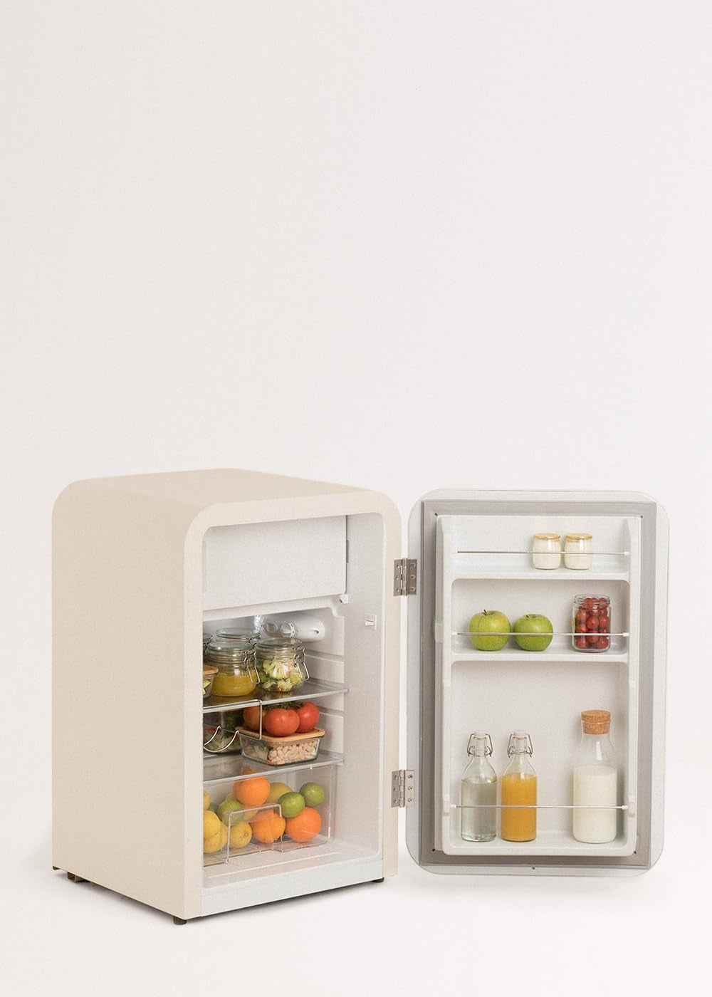 / RÉTRO FRIGO 83.5 Argent/Réfrigérateur Blanc Cassé Avec Poignée Blanc Cassé / 98W, Basse Consommation, 2 Étagères, Régulateur De Température, Porte-Bouteilles, 56X54X84Cm.