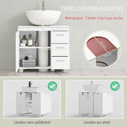 Meuble Sous Lavabo Salle De Bain 3 Tiroirs 70 X 30 X 64 Cm Blanc | Porte À Fermeture Amortie, Armoire Sous Lavabo, Style Moderne