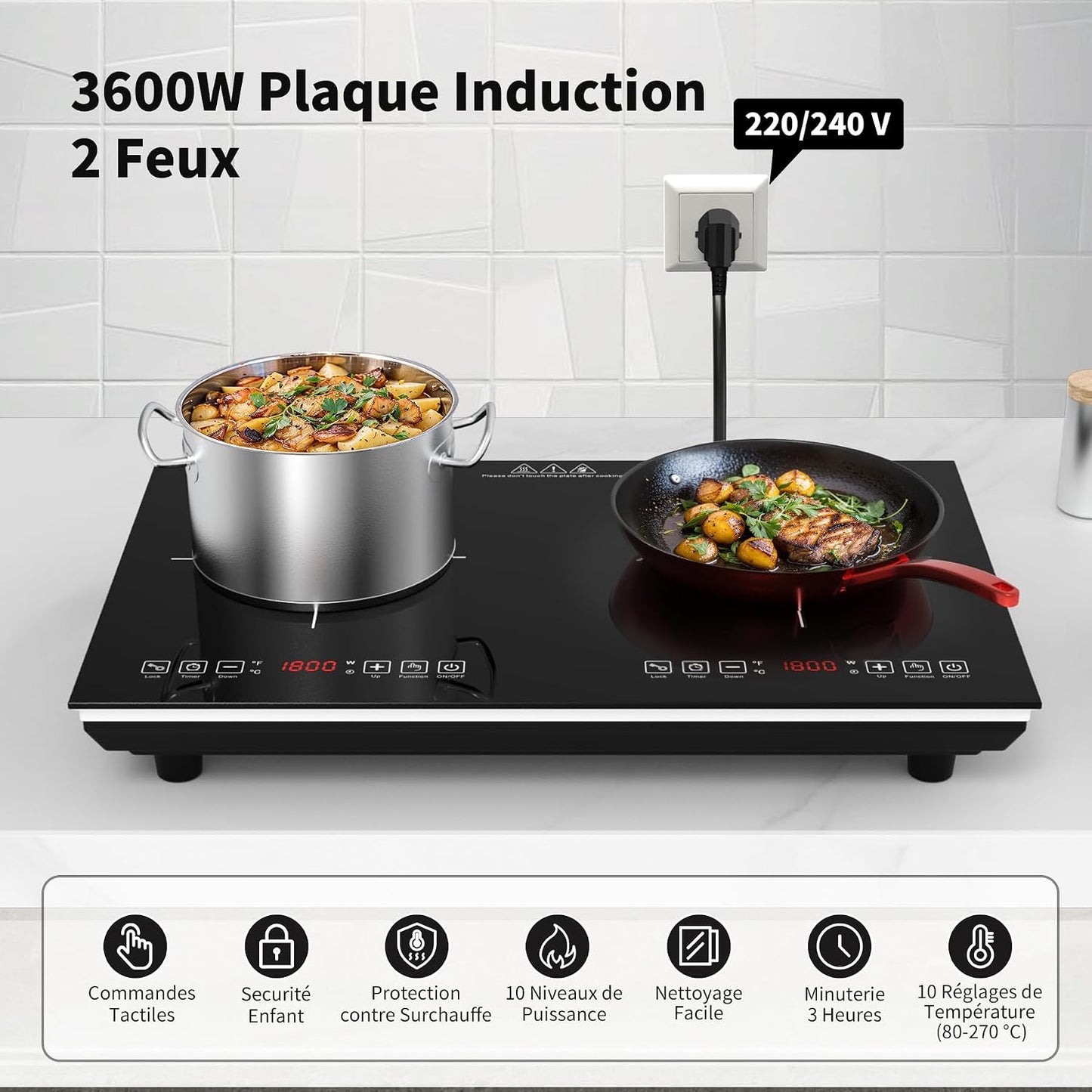Plaque Induction 2 Feux, Plaque De Cuisson Electrique 220V 3600W, Plaque Vitrocéramique 2 Feux, Capteur LED Tactile, Tables De Cuisson, Verrouillage Enfant, Minuterie, Plaque À Induction Portable