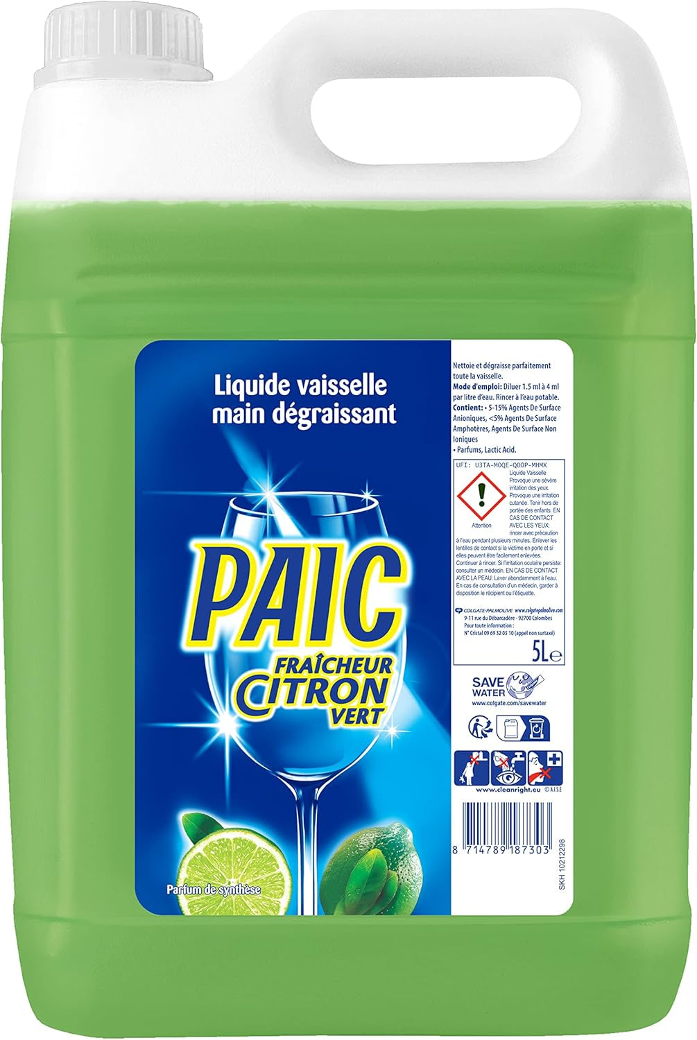 Liquide Vaisselle Fraîcheur Citron Vert, Action Nettoyante, Dégraissante Et Anti-Odeur, Format Économique, Bidon De 5L