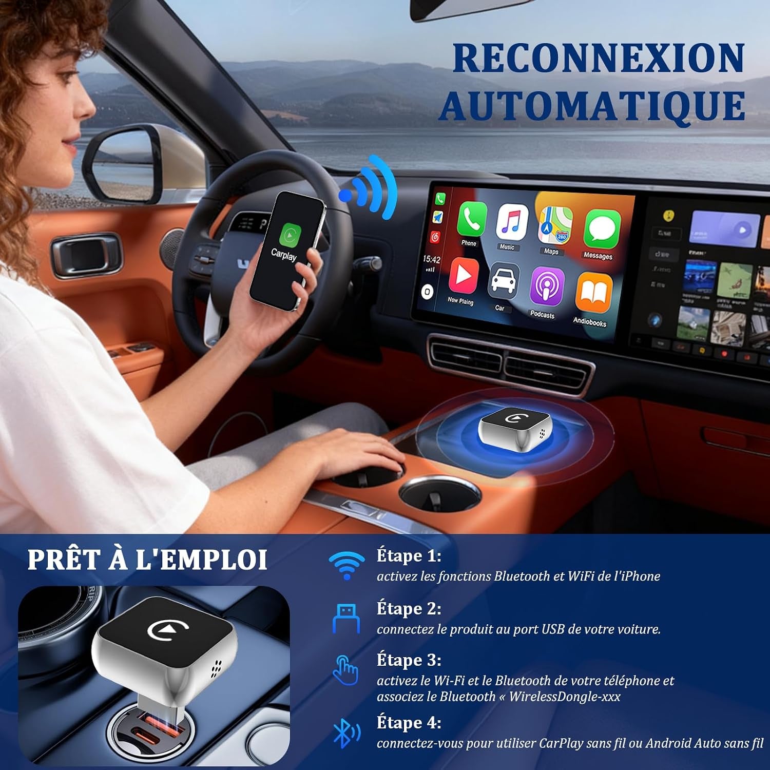 Carplay Sans Fil 2 En 1 Pour Apple Carplay/Android Auto Adaptateur | Mini Sans Fil Pour Iphone Ios 10+/Android 11+ Et plus De 2016 Voitures, Typ-C/Usb, Car Play Voiture (‌Gris Foncé‌) 1 Pièce