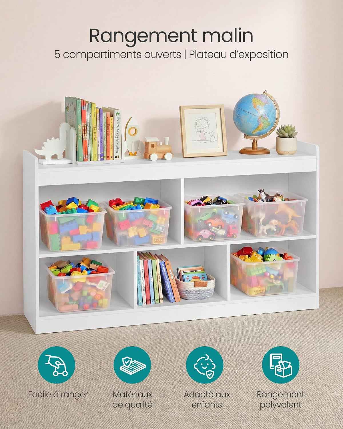 Étagère À Jouets Pour Enfants, Meuble De Rangement Esprit Montessori, 5 Compartiments Ouverts, Pour Chambre D’Enfant, Salle De Jeux, Salon, 30 X 112,2 X 65 Cm, Blanc Nuage GKR052WZ01