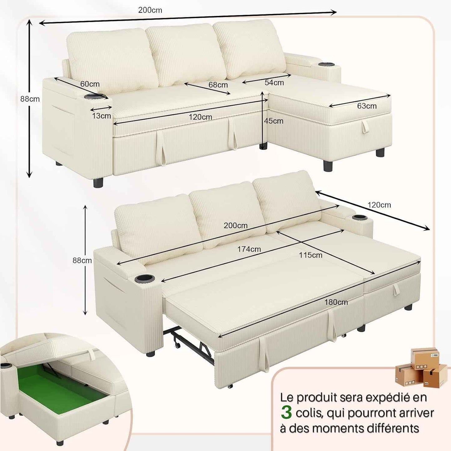 , Canapé Lit Avec Rangement Intégré Et Accoudoirs Multifonctionnels, Idéal Pour Salon, Design Moderne Et Pratique,Bureau Et Petit Appartement, Beige