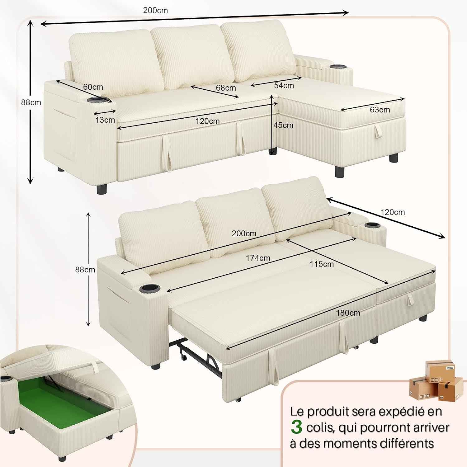 , Canapé Lit Avec Rangement Intégré Et Accoudoirs Multifonctionnels, Idéal Pour Salon, Design Moderne Et Pratique,Bureau Et Petit Appartement, Beige