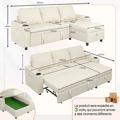 , Canapé Lit Avec Rangement Intégré Et Accoudoirs Multifonctionnels, Idéal Pour Salon, Design Moderne Et Pratique,Bureau Et Petit Appartement, Beige