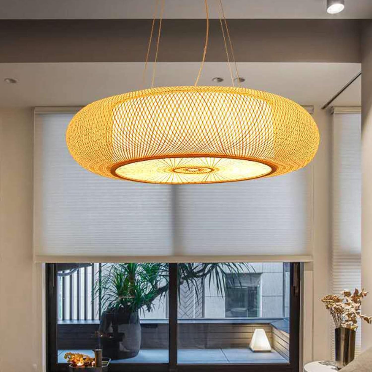 E27 Suspension Rétro Lampes Suspendues Bambou Lustre Naturel Pendentif Lumière Vintage Tressé Abat-Jour Rotin Hauteur Réglable Éclairage Salon Café Plafonnier,60Cm