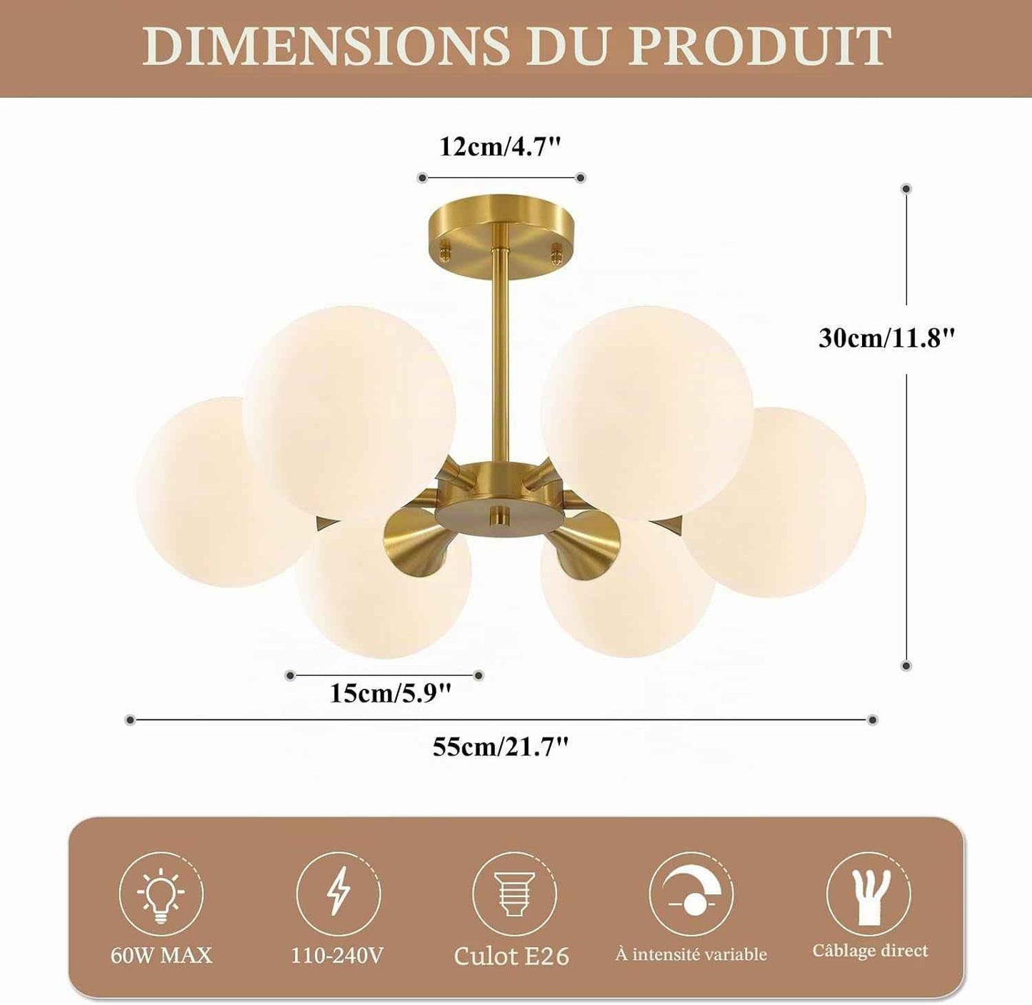 Éclairage Plafonnier Encastré Sputnik En or Brossé Mid Century Modern Éclairage De Plafond Suspendu À 6 Lumières Avec Globe En Verre Laiteux Luminaire De Plafond Semi-Encastré