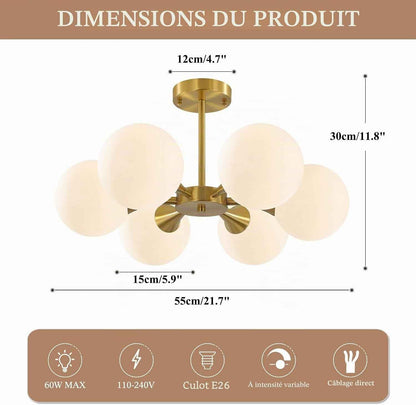 Éclairage Plafonnier Encastré Sputnik En or Brossé Mid Century Modern Éclairage De Plafond Suspendu À 6 Lumières Avec Globe En Verre Laiteux Luminaire De Plafond Semi-Encastré