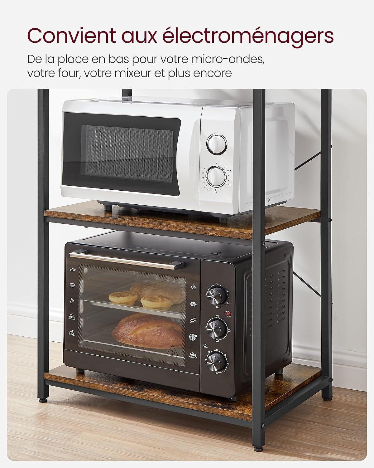 Étagère De Cuisine, Étagère Pour Machine À Café, 6 Étagères Et 6 Crochets, Pour Four À Micro-Ondes, Cadre En Acier, Style Industriel, 40 X 60 X 167 Cm, Marron Rustique Et Noir KKS024B01