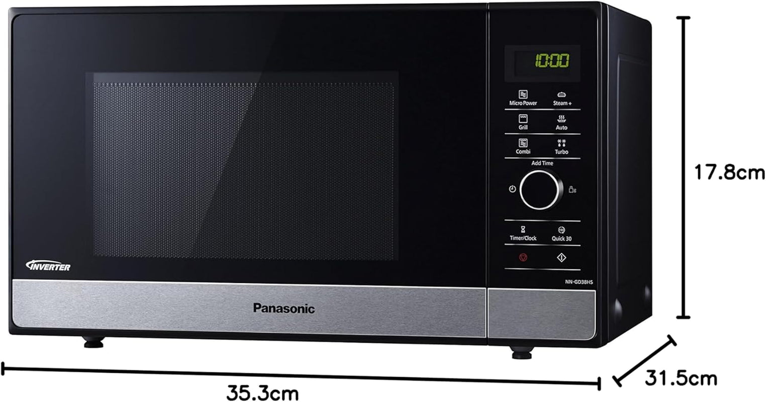 NN-GD38HSSUG Four Micro-Ondes Inverter Et Grill Avec Plateau Tournant, 23 Litres, Acier Inoxydable, 1000 W, Grill 1000 W, 17 Programmes Automatiques, Grille Métallique, Noir