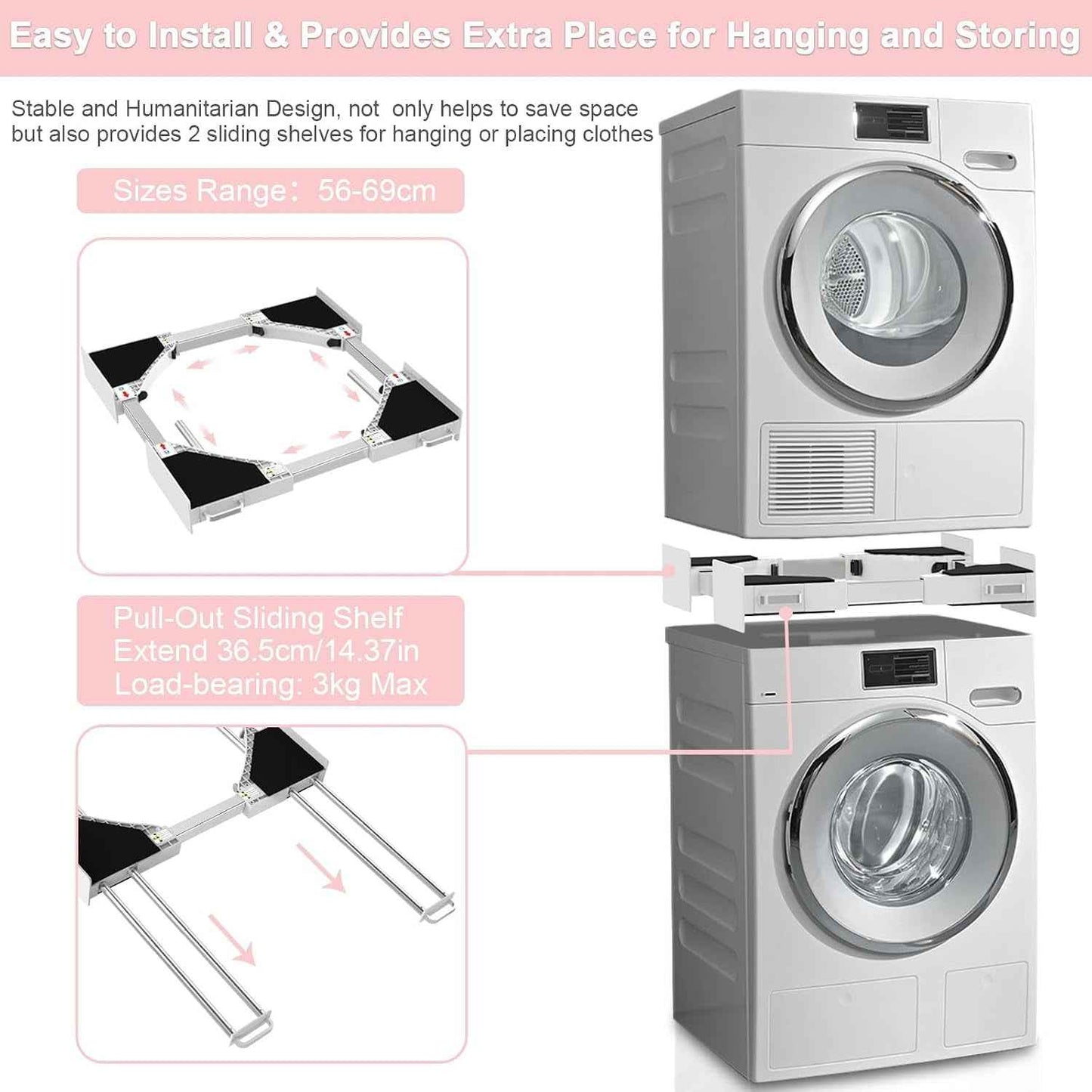 Kit De Superposition Universel, Avec 4 Tiges Télescopiques | Universel Cadre Intermédiaire Pour Lave-Linge Et Sèche-Linge Avec Corde À Cliquet, Taille Réglable（46-66Cm）