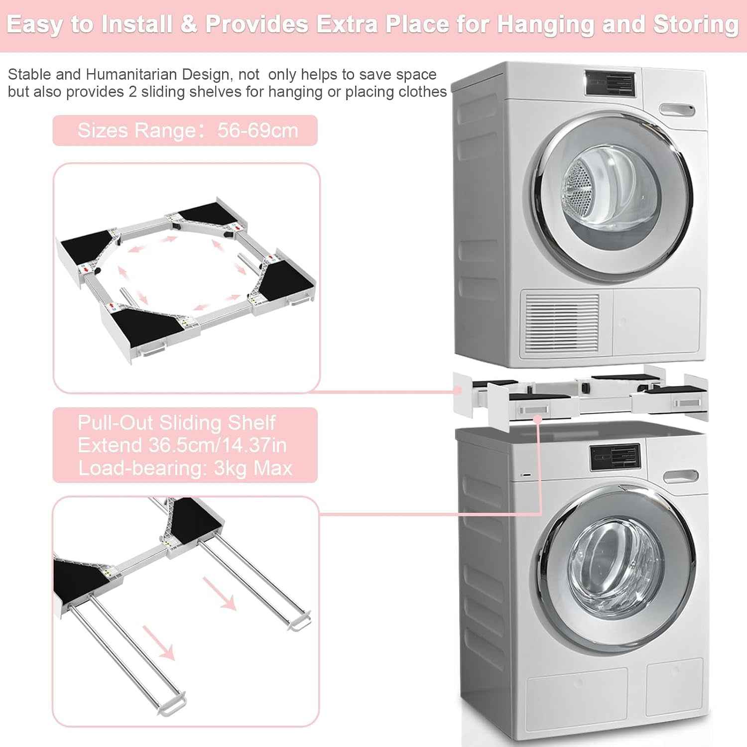 Kit De Superposition Universel, Avec 4 Tiges Télescopiques | Universel Cadre Intermédiaire Pour Lave-Linge Et Sèche-Linge Avec Corde À Cliquet, Taille Réglable（46-66Cm）