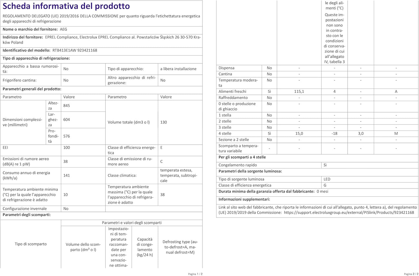 RTB413E1AW Réfrigérateur De Table Autonome / 850 Mm/Congélateur 3 Étoiles / 130 L/E