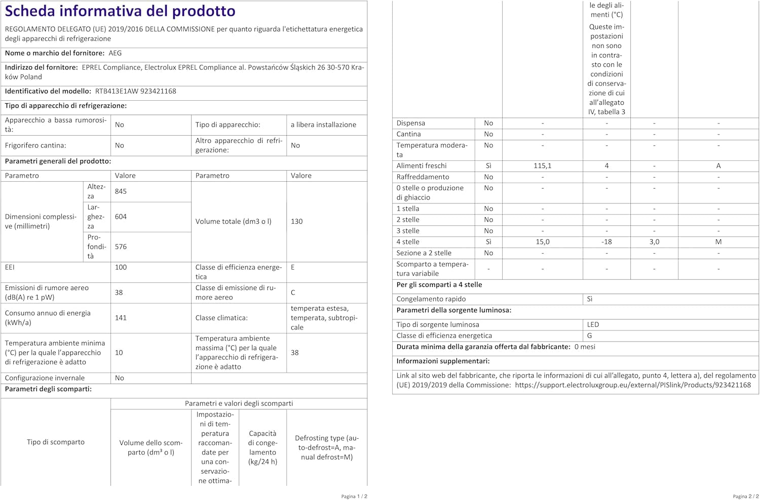 RTB413E1AW Réfrigérateur De Table Autonome / 850 Mm/Congélateur 3 Étoiles / 130 L/E