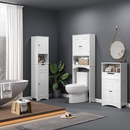 Meuble WC, Étagère De Toilettes Sur Pied, Meuble Toilette Avec 2 Portes, Étagères Réglables Et Compartiments Ouverts, Blanc
