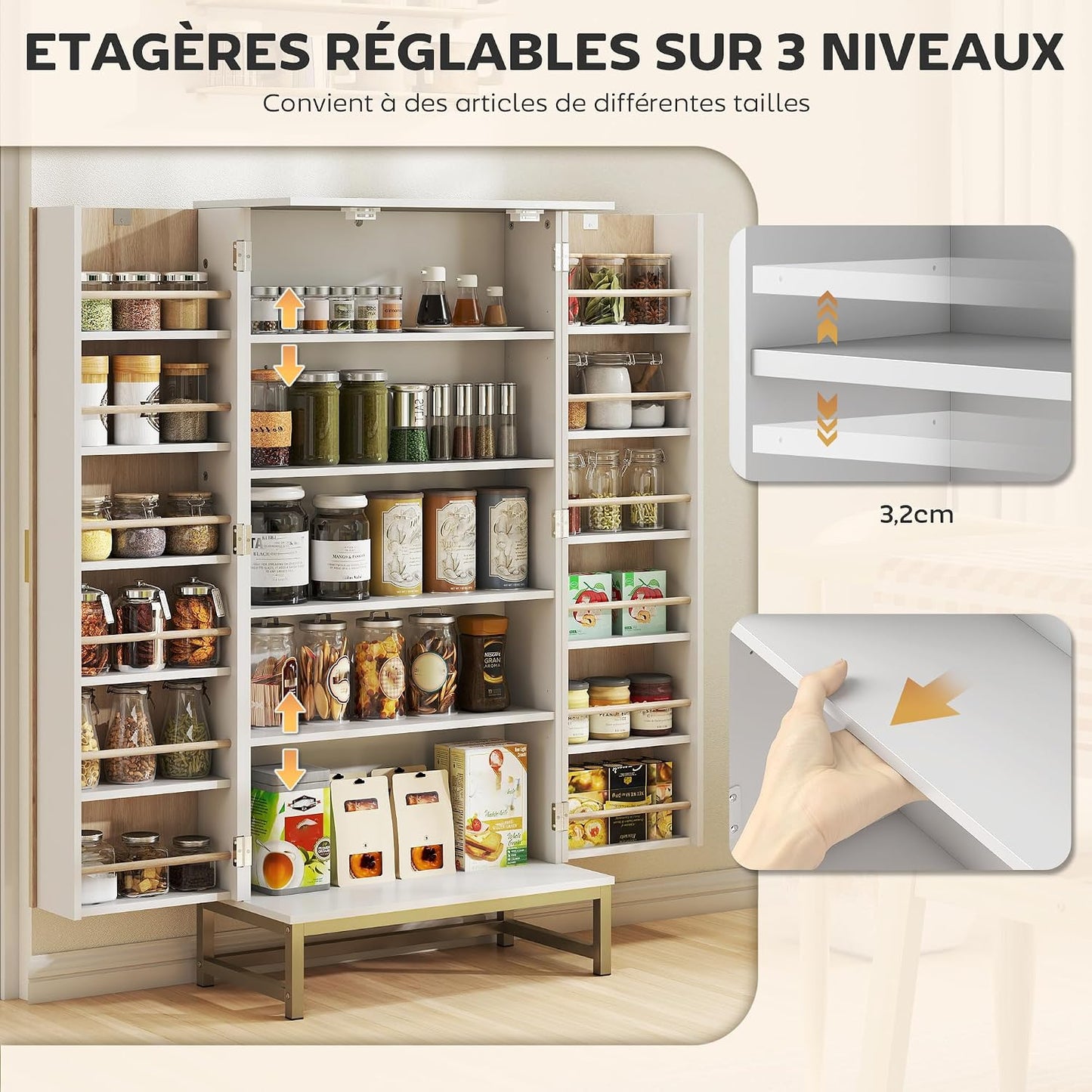 Buffet Cuisine Garde Manger 12 Étagères Portes 58X29X119,5Cm Blanc | Meuble Cuisine Rangement, Vaisselier, Étagères Réglables, Double Porte À Lattes, Pour Salle À Manger, Salon