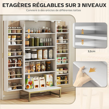 Buffet Cuisine Garde Manger 12 Étagères Portes 58X29X119,5Cm Blanc | Meuble Cuisine Rangement, Vaisselier, Étagères Réglables, Double Porte À Lattes, Pour Salle À Manger, Salon