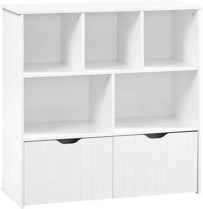 Étagère À Jouets, Bibliothèque Avec 2 Tiroirs Mobiles Indépendants Et 5 Compartiments De Stockage, Meuble De Rangement Multifonctionnel, Pour Salon, Chambre, Salle De Jeux, Blanc EWT88CW01