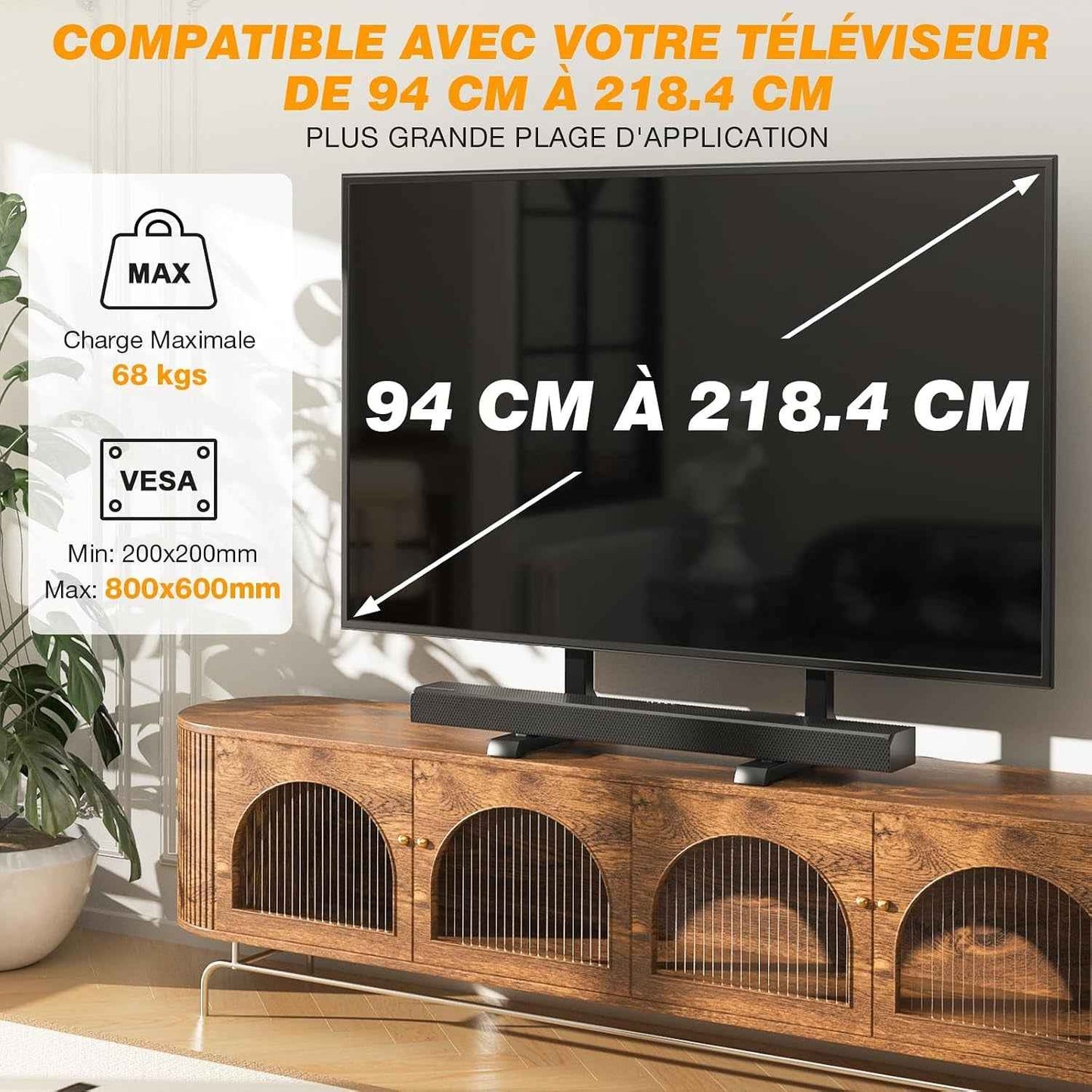 Support TV De Table Pour Téléviseurs 37 À 86 Pouces VESA Max 800X600Mm | Pieds De TV Réglables En Hauteur, Base De Support TV Avec Gestion Des Câbles Pieds En Acier Supportent Jusqu'À 68 KG