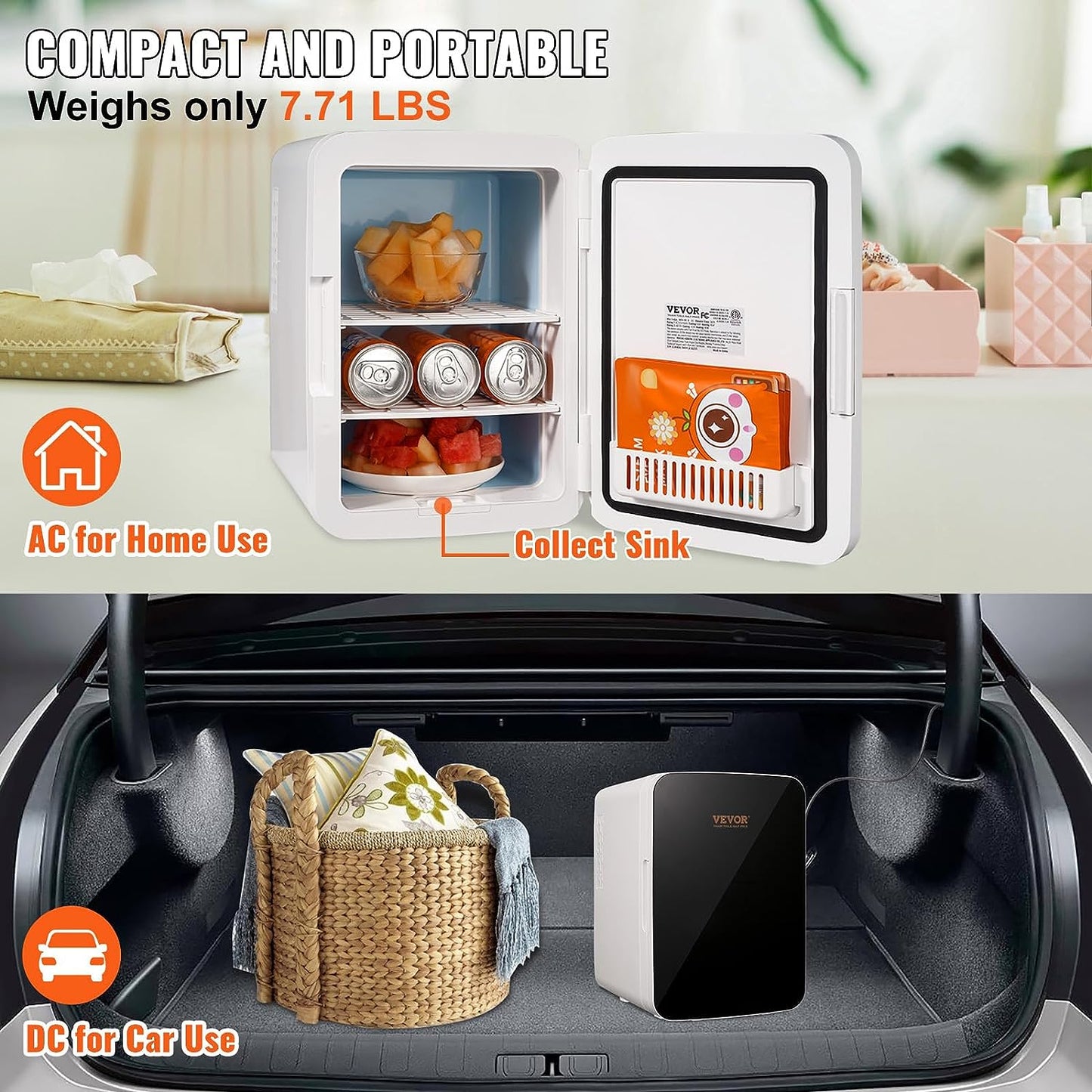 Mini Frigo 10 L 12 Canettes De 330 Ml Mini Réfrigérateur Portable 12 V DC/220 V AC Petit Frigo Cosmétique Double Mode Chaud/Froid 0,2 À 50 ℃ Pour Aliments Boissons Médicaments Cosmétiques Noir