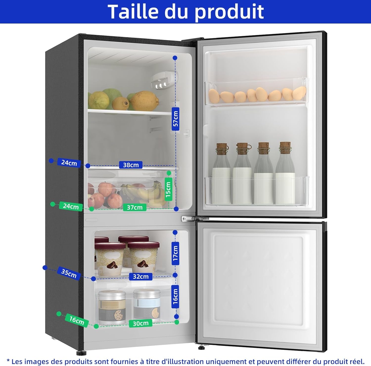 Réfrigérateur Congélateur Bas 117 Litres, 39Db, Commande Électronique, Acier Noir, Rangement De Tri, Dégivrage Manuel Facile