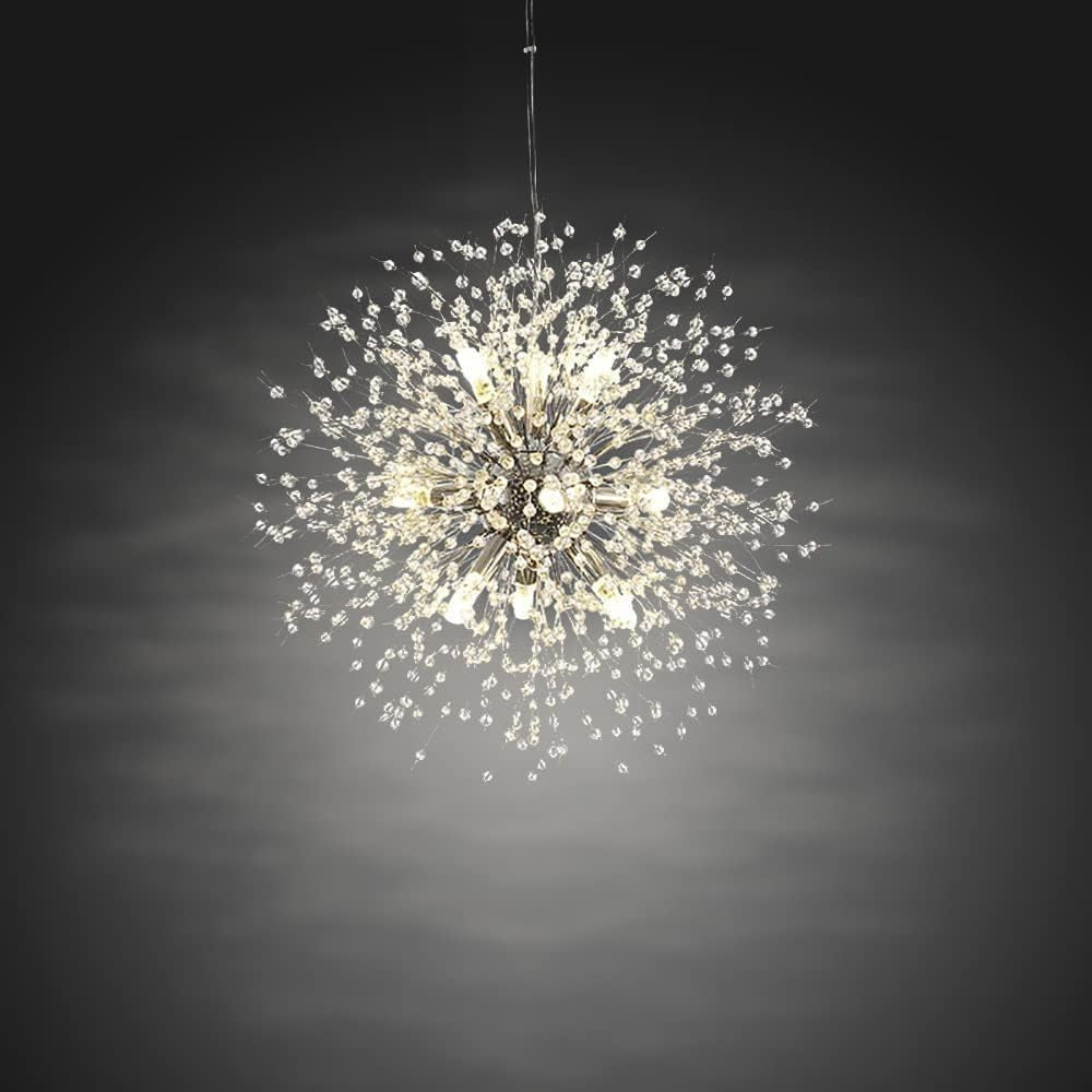 MONTERREY Lustre Pissenlit À 9 Lumières LED Feu D'Artifice Cristal Moderne Éclairage Suspendu Plafond De Luminaires Suspendus (2 Bâtons + Ampoules G9 En Cadeaux), Argent