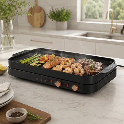 Double Plaque De Cuisson À Induction Avec Poêle En Fonte Amovible Antiadhésive 1800 W 2 Brûleurs Portable Avec Capteur Tactile 9 Niveaux De Puissance, Minuterie De 99 Min, Convient Pour