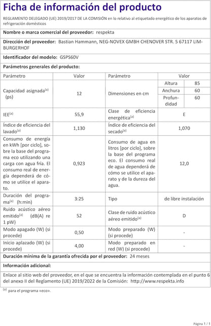 Respekta Lave-Vaisselle Autonome 60 Cm Blanc / Lave-Vaisselle Avec Panier À Couverts Flexible / 5 Programmes / Départ Différé / 12 Couverts / GSPS60V / Silencieux 52 Db
