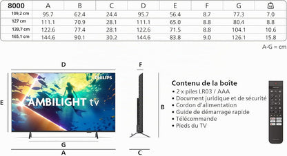 Philips Ambilight 55PUS8000 4K LED Smart TV - Écran 50 Pouces Avec Plateforme Pixel Precise Ultra HD, Titan OS Et Son Dolby Atmos, Compatible Alexa Et Assistant Vocal Google