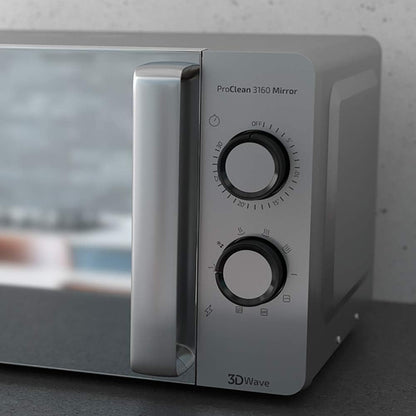Micro-Ondes Proclean 3160. Revêtement Ready2Clean Pour Un Meilleur Nettoyage, Technologie 3D WAVE, Grill 800 W, 20 L. Design Élégant Avec Porte, 6 Niveaux, Argenté Miroir.