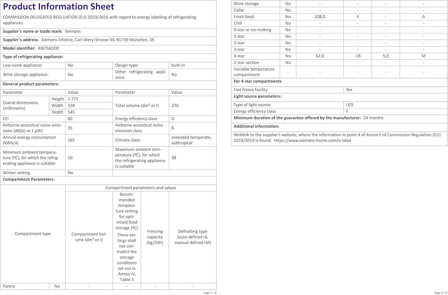 Iq500 KI87SADD0 Réfrigérateur-Congélateur Intégré (Placement) 208 L D Blanc