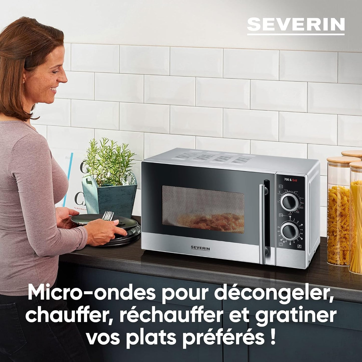 Four À Micro-Ondes Gril 20 L, Four Micro-Onde Avec 9 Niveaux De Puissance, Jusqu'À 900 W, Micro-Onde Avec Grille, Minuteur 30 Min, Plateau Tournant Amovible (Ø 24,5 Cm), Inox/Noir, MW 7874