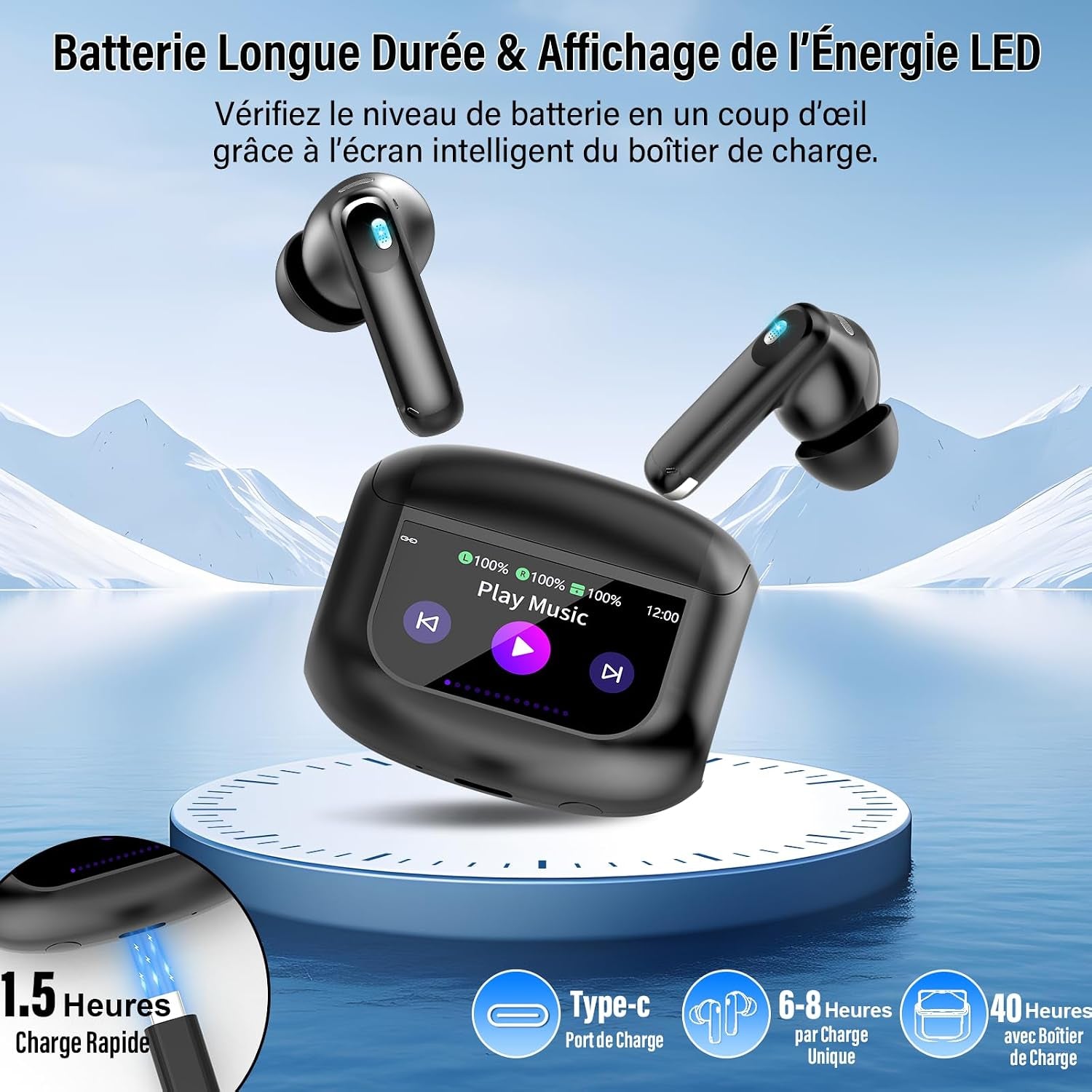 AI Écouteur Traducteur Instantané 164 Langues, ANC/ENC Réduction Du Bruit | 7 Modes De Traduction, Écran Tactile LED, IPX7 Étanche, 48H Autonomie, Casque Musique/Appels/Traducteur
