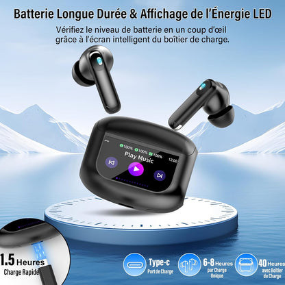 AI Écouteur Traducteur Instantané 164 Langues, ANC/ENC Réduction Du Bruit | 7 Modes De Traduction, Écran Tactile LED, IPX7 Étanche, 48H Autonomie, Casque Musique/Appels/Traducteur