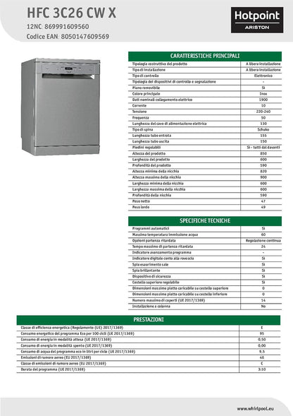 Hotpoint HFC 3C26 CW X, Lave-Vaisselle Vertical, 14 Places, Troisième Panier, Inox