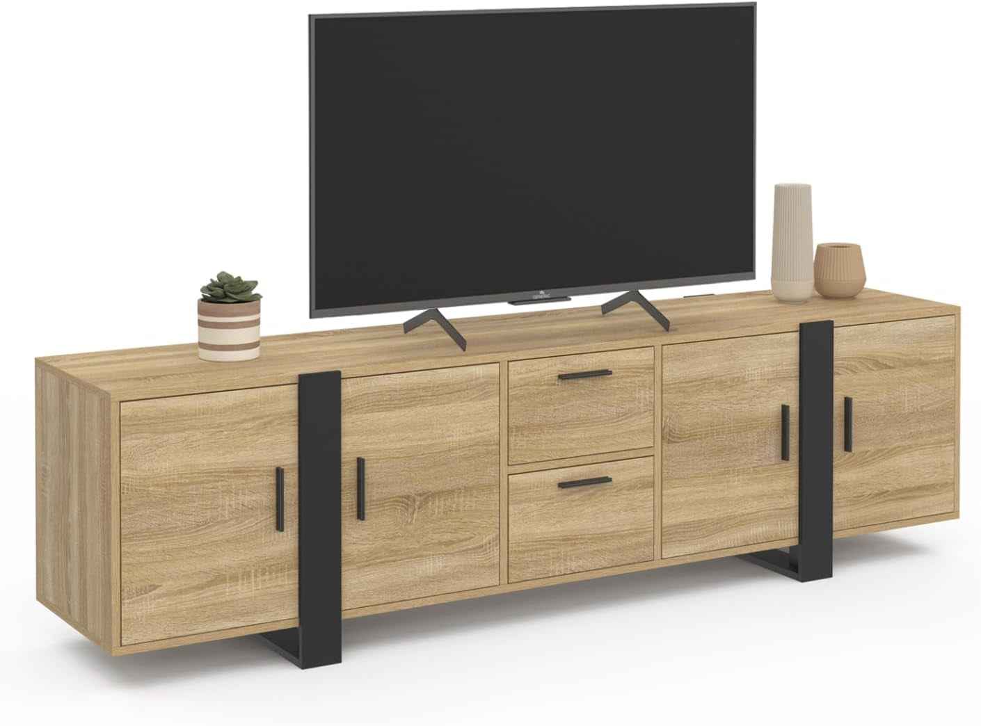 - Meuble TV 180 Cm Phoenix Avec Rangements Bois Et Noir