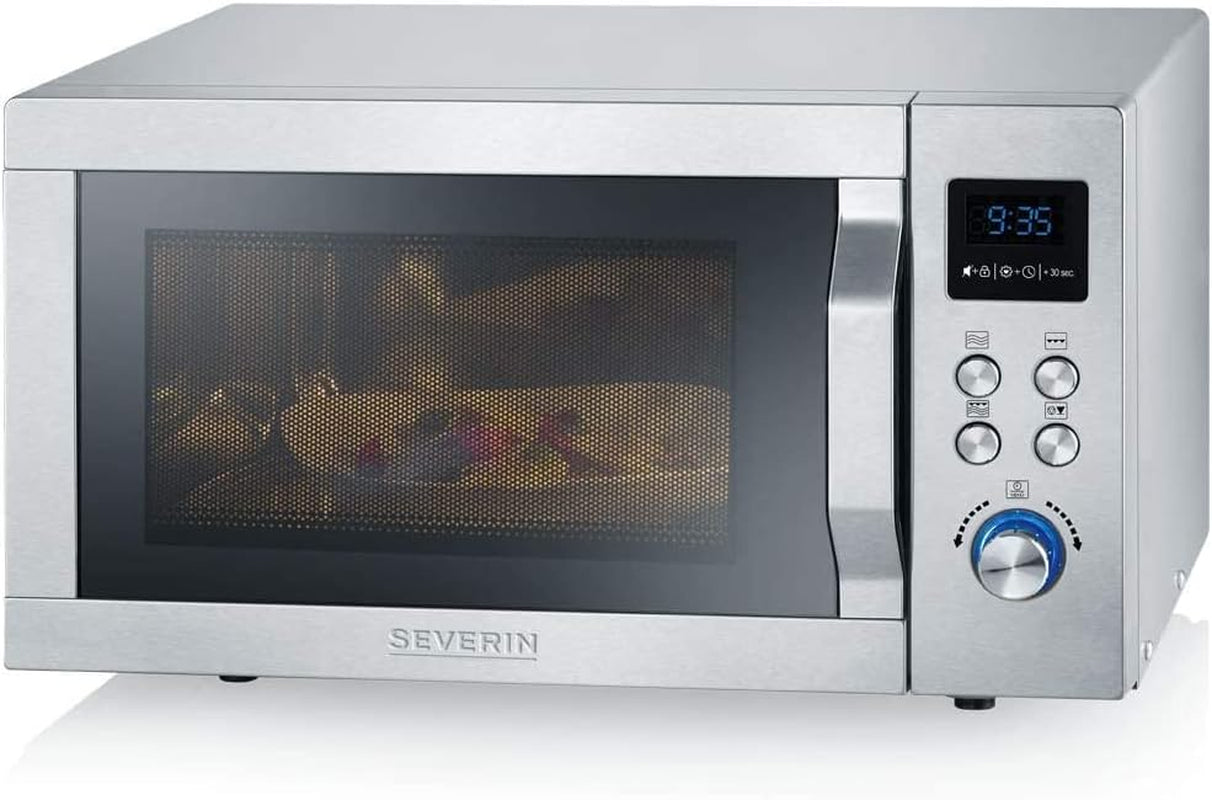 Four Micro-Ondes, Gril, Chaleur Tournante 2 150W, 25L, 10 Niveaux De Puissance, Plaque À Pizza (Ø 28 Cm), Inox, MW 7754