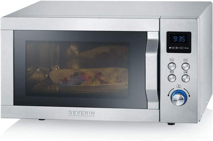 Four Micro-Ondes, Gril, Chaleur Tournante 2 150W, 25L, 10 Niveaux De Puissance, Plaque À Pizza (Ø 28 Cm), Inox, MW 7754