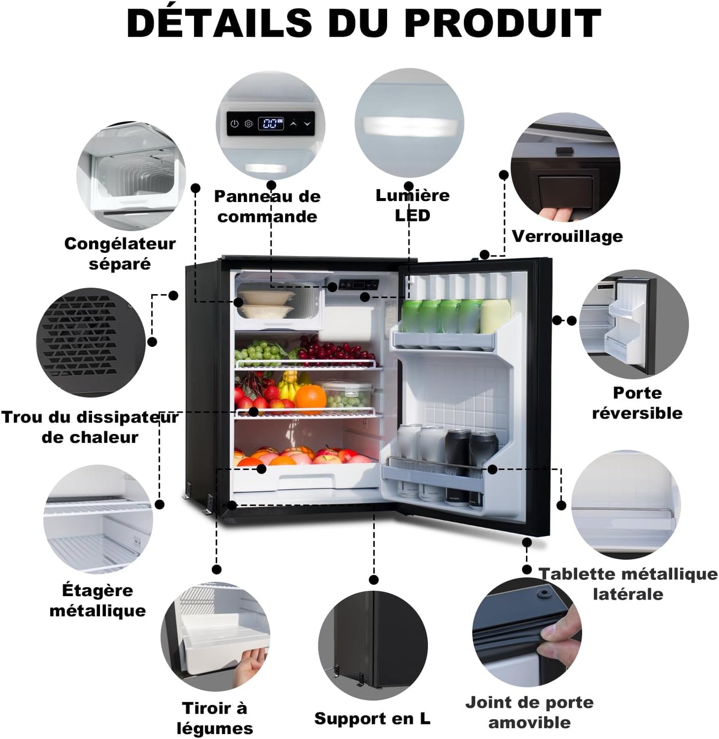 Frigo Compression 12V, 85L Avec Congélateur, Frigo Camping Car, Frigo 12V, Frigo Camion 24V, Réfrigérateur Pour Voiture Caravane Van Aménagé Fourgon Bateau, -15 À 10 ℃, Noir