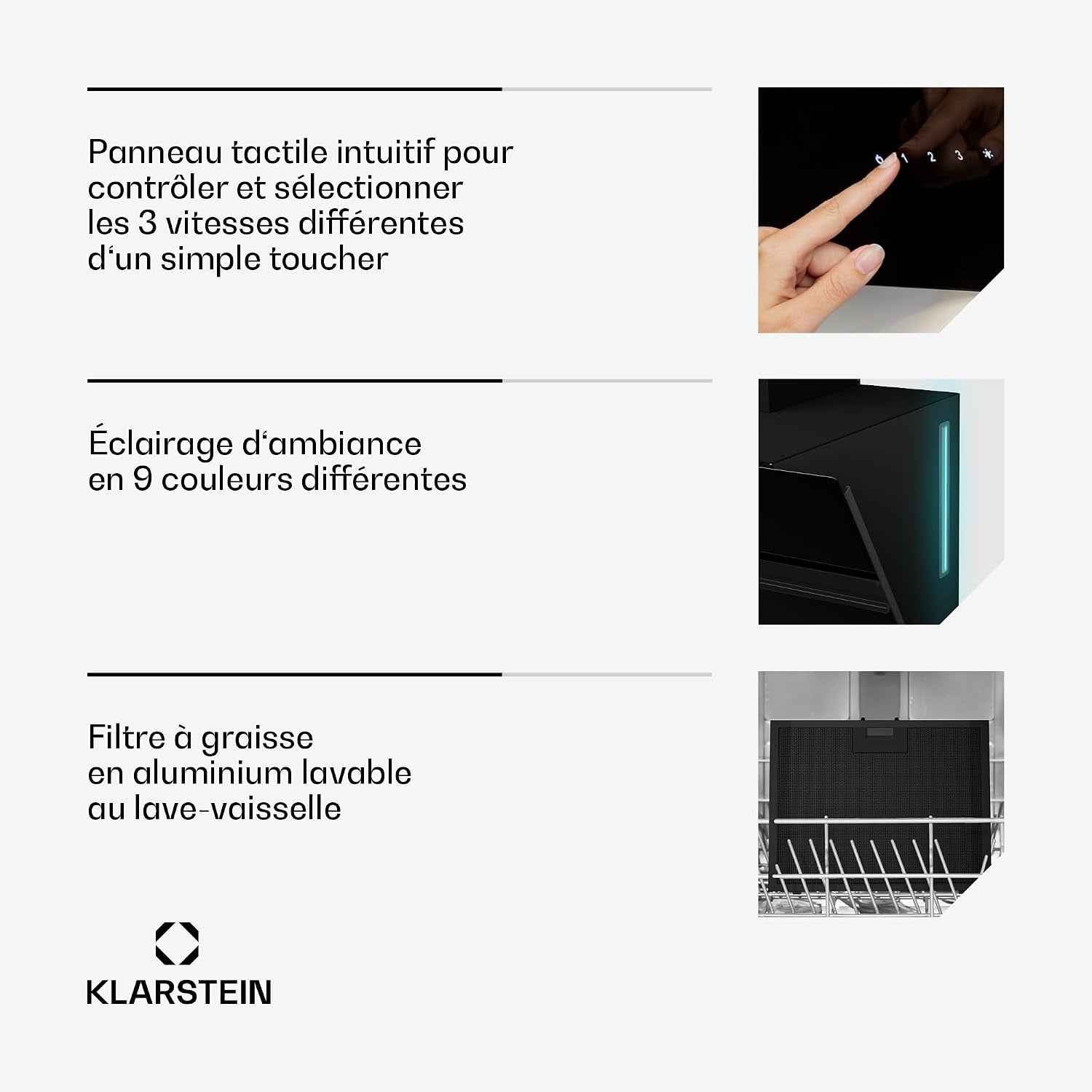 Klarstein Alina Hotte Aspirante - 60 Cm Hotte Murale, 600 M³/H, Éclairage LED 9 Couleurs, Tactile, Classe Énergétique A, 52 Db, Noire, Recirculation & Extraction
