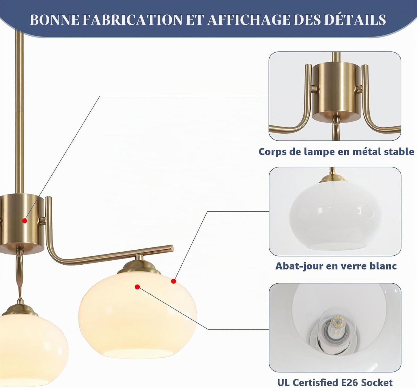 Lustres Sputnik Modernes En Verre De Lait Blanc À 3 Lumières Du Milieu Du Siècle | Abat-Jour De 18 Cm, Hauteur Réglable, Laiton Brossé, Doré, Suspension Pour Plafond Incliné, Salle À Manger, Cuisine, Foyer